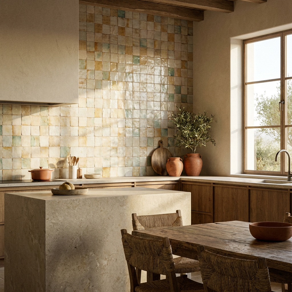 Azulejos artesanales hechos a mano en cocina de diseño mediterráneo